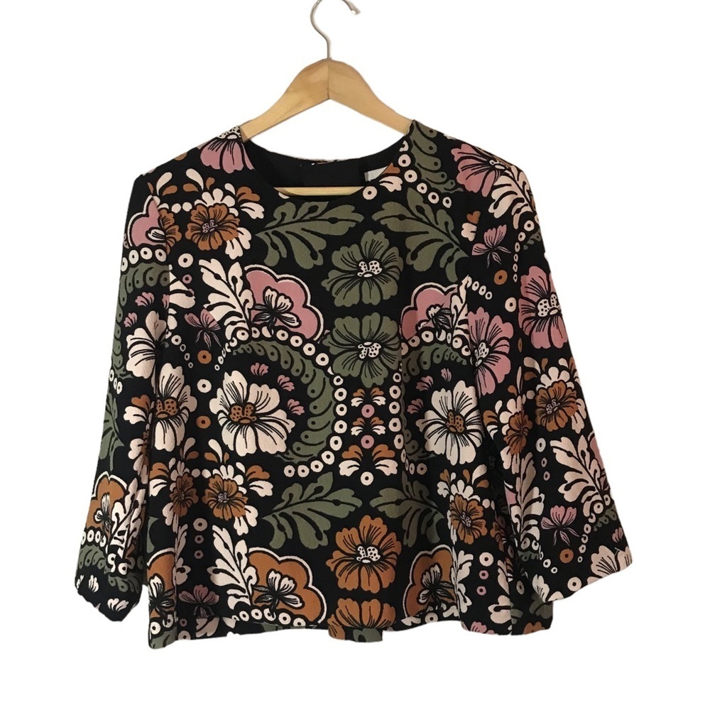 H&M Womens Long Sleeve Shirt Size 12 Black Floral Polyester Blend